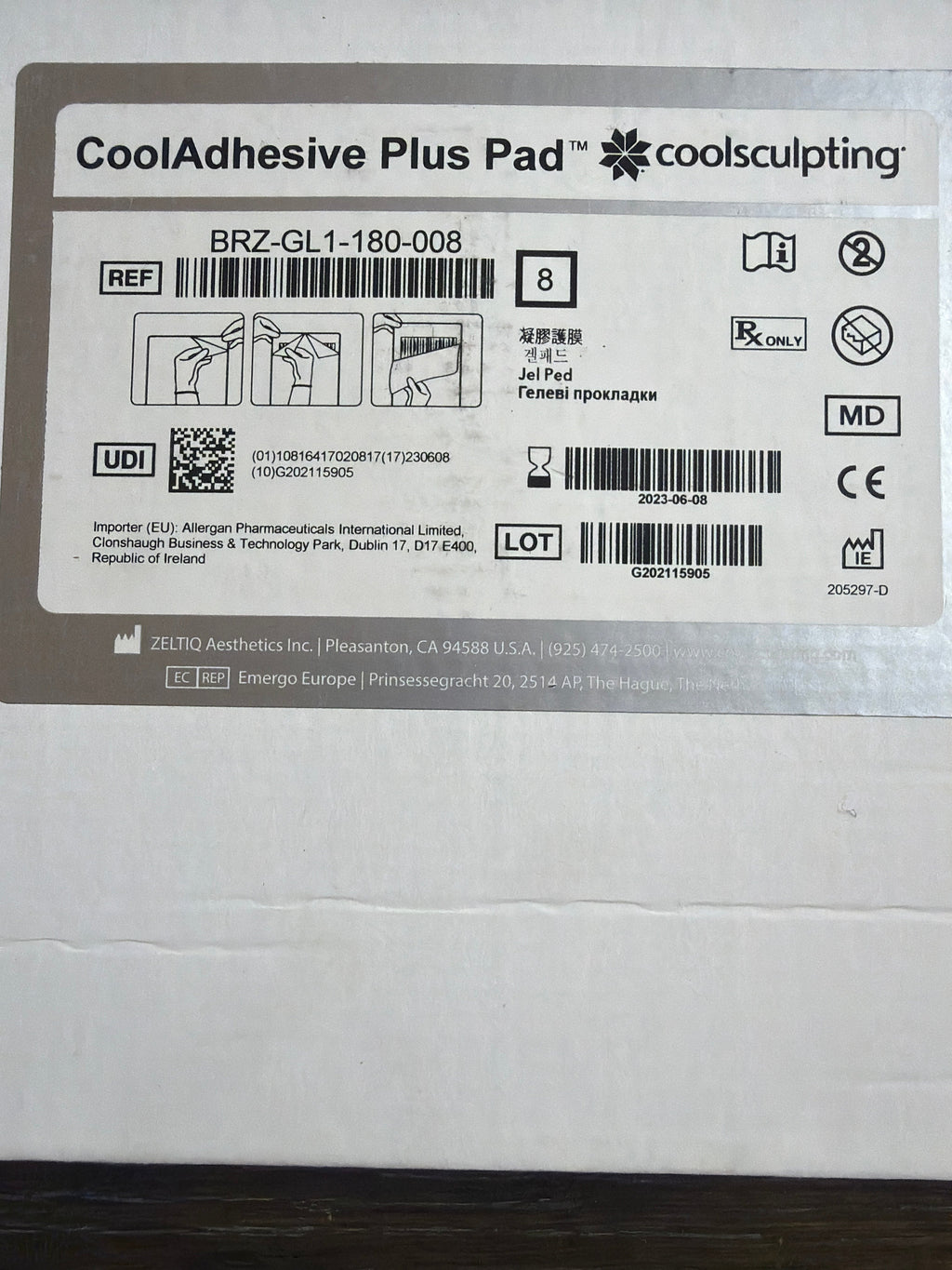 CoolSculpting CoolAdhesive Plus Pads BRZ-GL1-180-008, Box of 8, Exp June 2023