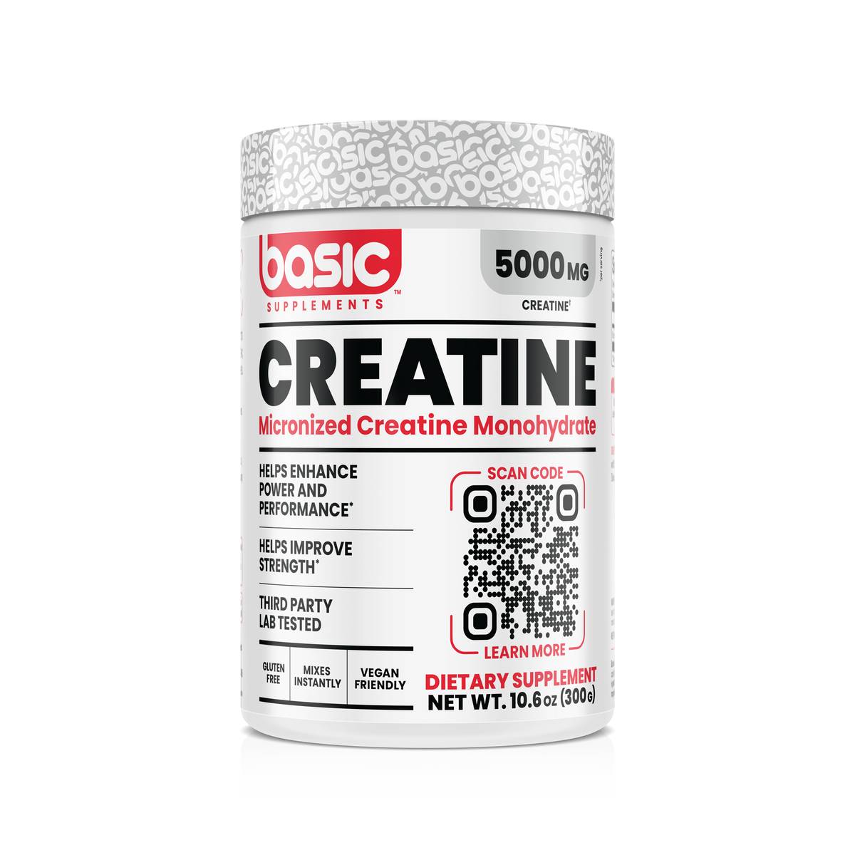BASIC Supplements Micronized Creatine Monohydrate, Unflavored, 5g, 60 Servings