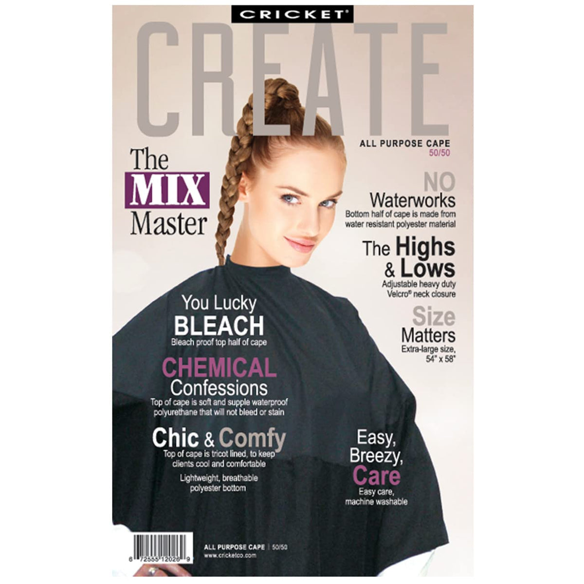 Cricket 50/50 All Purpose Salon Cape, Waterproof & Bleach Proof, Black