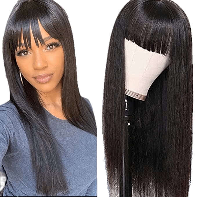 Victoria Spotlight Straight Human Hair Wigs With Bangs 130%-Natural Black