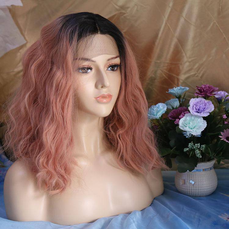 VIP Black Root to Rose Pink Body Wave Synthetic Lace Front Wig Style 035