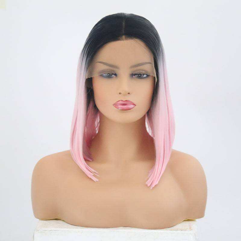 VIP Off Black to Light Pink Straight Bob Synthetic Lace Front Wig Style 25