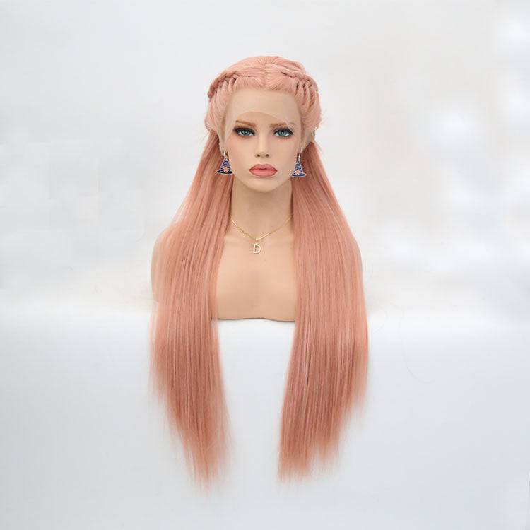 VIP Rose Pink Straight Braided Crown Synthetic Lace Front Wig 24" 1532 (76)