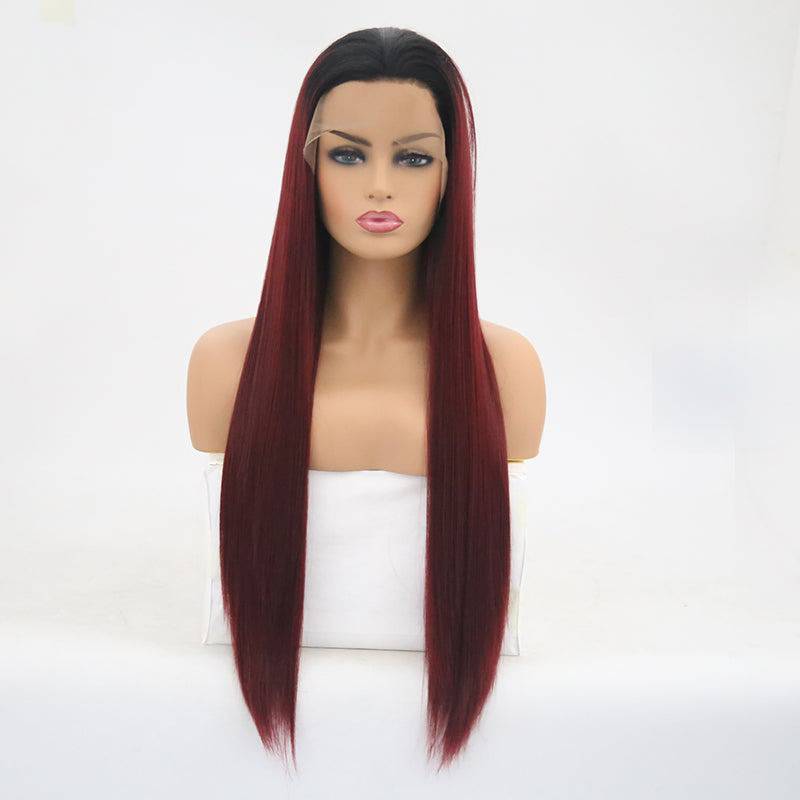 VIP Black Root to Burgundy Straight Synthetic Lace Front Wig 24" 1BT99J (27)