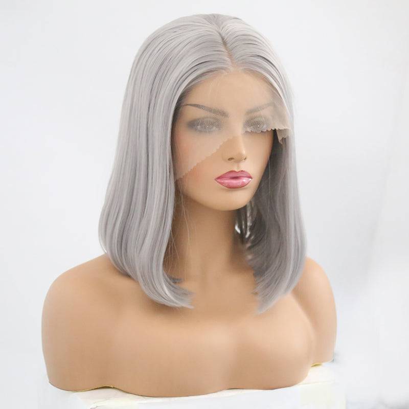 VIP Extensions Silver Grey Straight Bob Synthetic Lace Front Wig 14" 0906 (33)